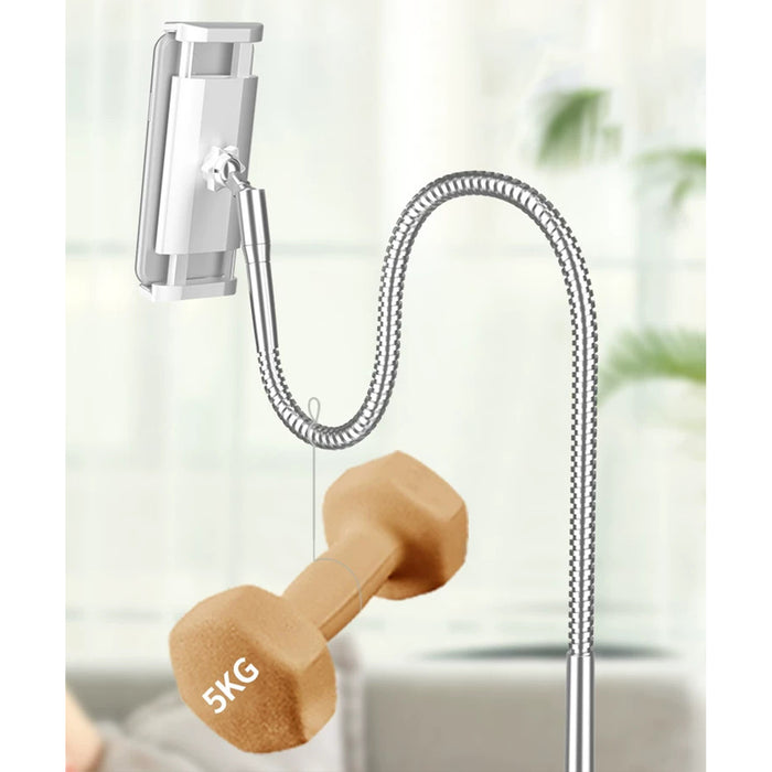 Silver Floor Tablet Holder Stand with Solid Metal Base Flexible Steel Gooseneck for iPad iPhone Heavy Duty Lazy Stand for Bedroom Living Room