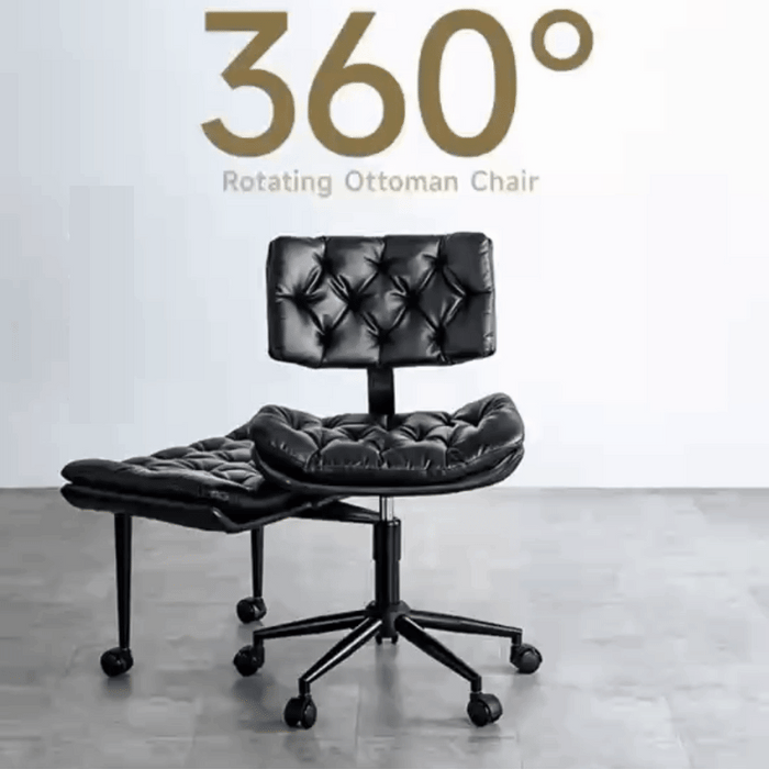 Tufted PU Leather Swivel Office Chair with Movable Footrest Black Ergonomic Desk Chair