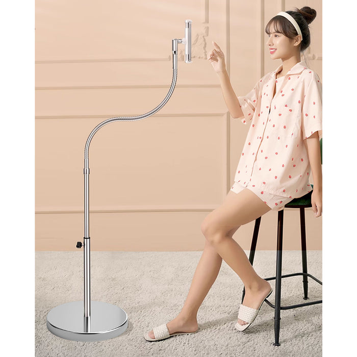 Silver Floor Tablet Holder Stand with Solid Metal Base Flexible Steel Gooseneck for iPad iPhone Heavy Duty Lazy Stand for Bedroom Living Room