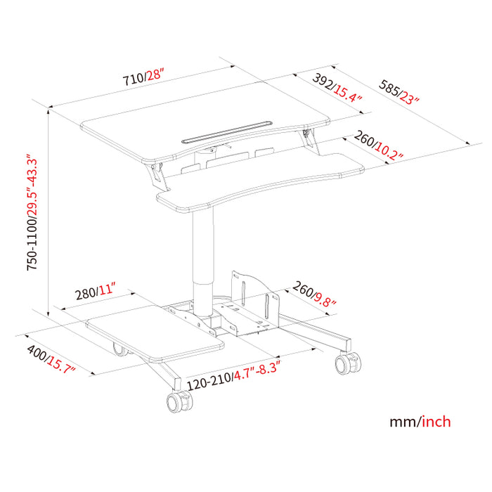 Mobile WHEELY Sit Stand Desk Folding 710mm FDS108