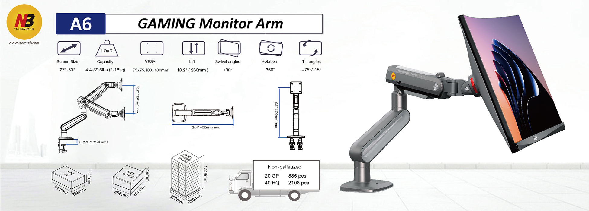 Gaming Monitor Arm – 27″–50″ Curved Screen (holds 18 kg) A6