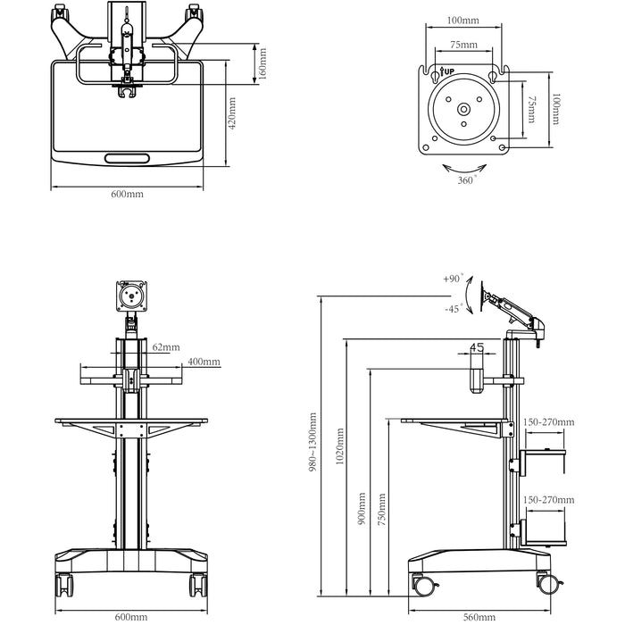 Clinic Mobile Computer Cpu Monitor Cart 1150mm