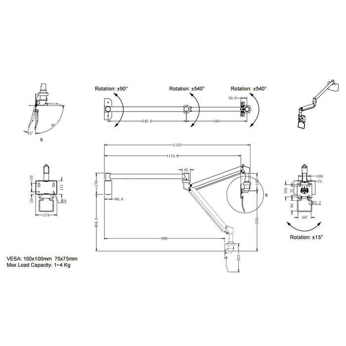 Medical mornitor wall mount 1190mm rech