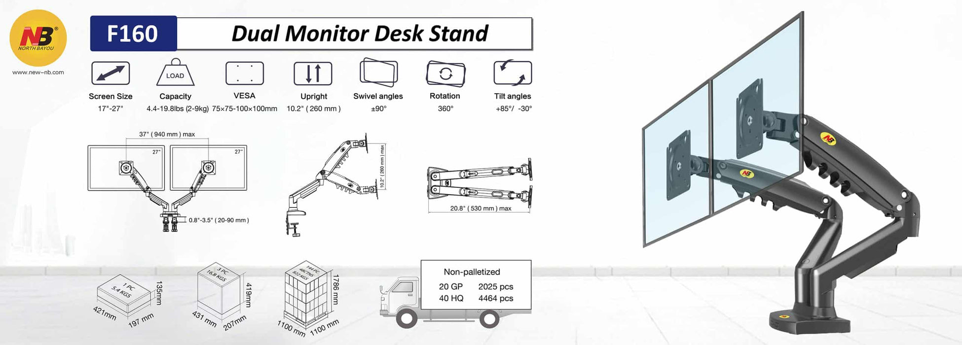 Dual Monitor Arm for 17-27" Screens Gas Spring Adjustment