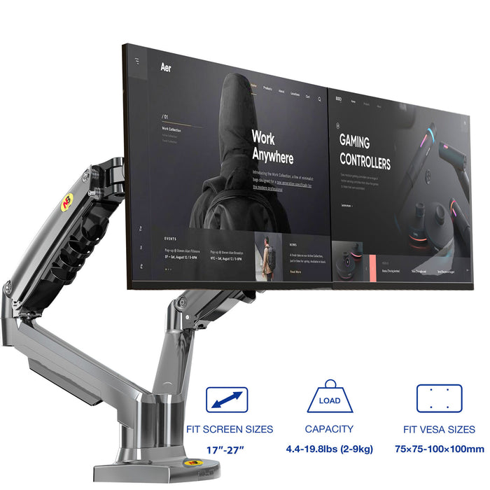 Dual Monitor Arm for 17-27" Screens Gas Spring Adjustment