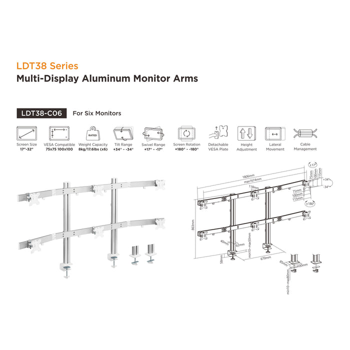 Mountech Multi Display Aluminum Monitor Arms Mount Heavy Duty Articulating 6 screens