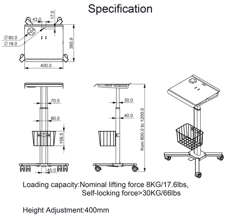 Adjustable Height Laptop Desk with Wheels Utility Medical Cart