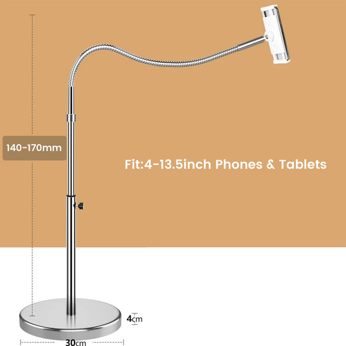 Silver Floor Tablet Holder Stand with Solid Metal Base Flexible Steel Gooseneck for iPad iPhone Heavy Duty Lazy Stand for Bedroom Living Room