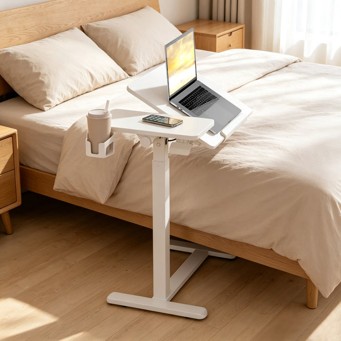 Gku Rolling Height Adjustable Overbed Side Cart Table | Tilting Split Laptop Desk Work Station with Cup Holder, Mobile Sofa Standing Desk  FA127 White