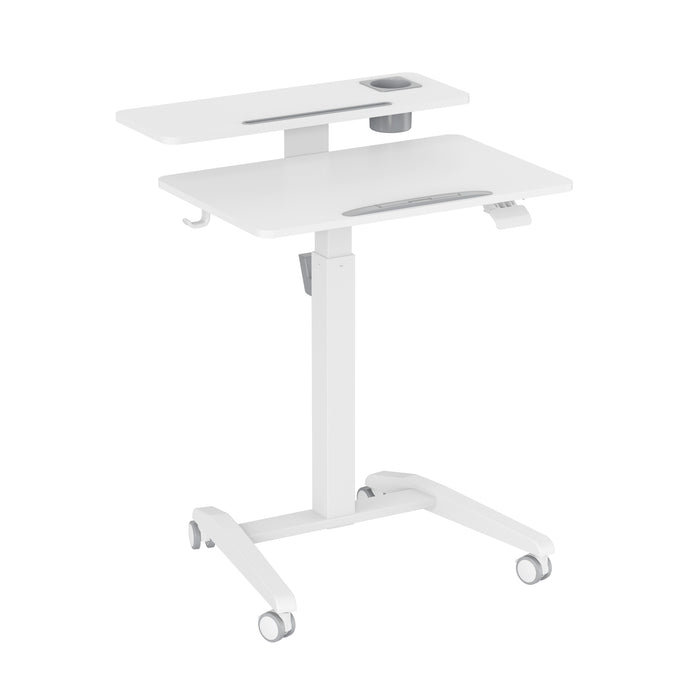 GKU Mobile Rolling Dual-level Laptop Stand | Height Adjustable Sit Stand Desk with Cup Holder & Hooks White F047-FA114