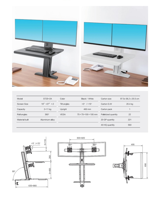 st25-2A Work station Standing Screen Sit Stand 19"-27"" up to 11kg