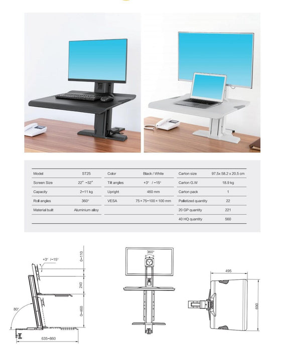 St25b Work station Standing Monitor Mount Sit Stand 22"-32"" up to 11kg - black