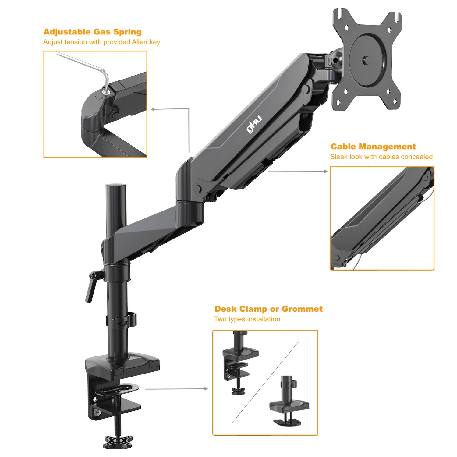 gku PRO-Riser V1 LCD Monitor Desk Mount Gas Spring Fully Adjustable Monitor Arm | gku.