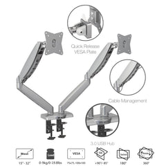 gku™ PRO-Riser© Dual Monitor Desk Mount Arm Gas Spring | gku.