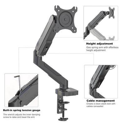 GKU Gas Spring Single Monitor Arm - EziRiser Monitor Mount